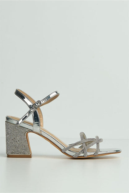 Valarie Diamante Strappy Block Anklestrap Heels in Silver