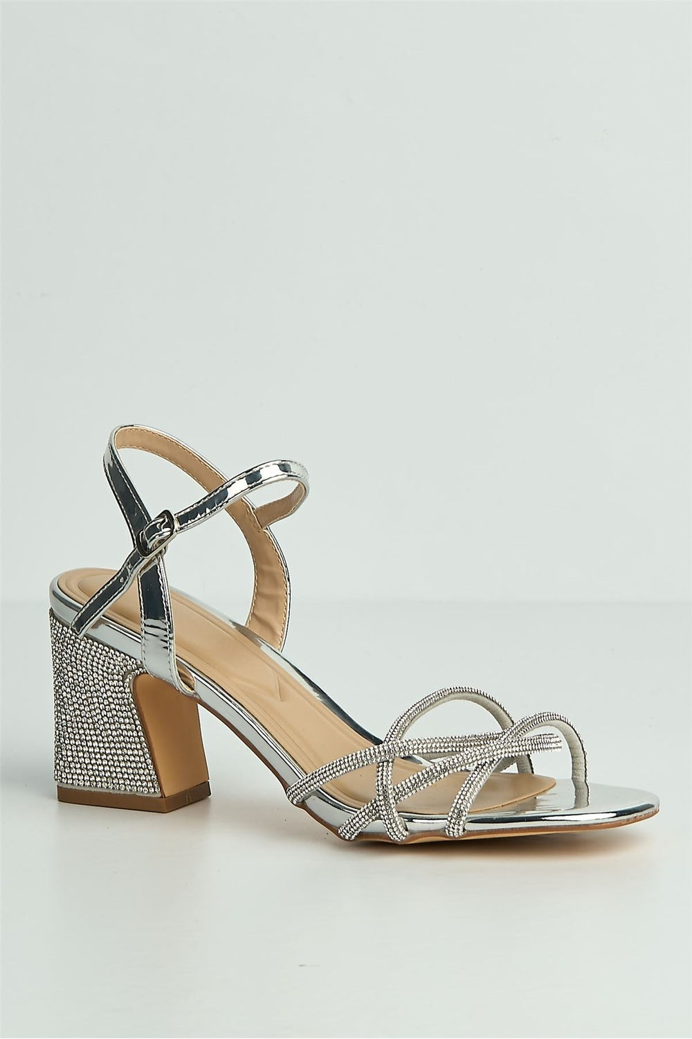 Valarie Diamante Strappy Block Anklestrap Heels in Silver