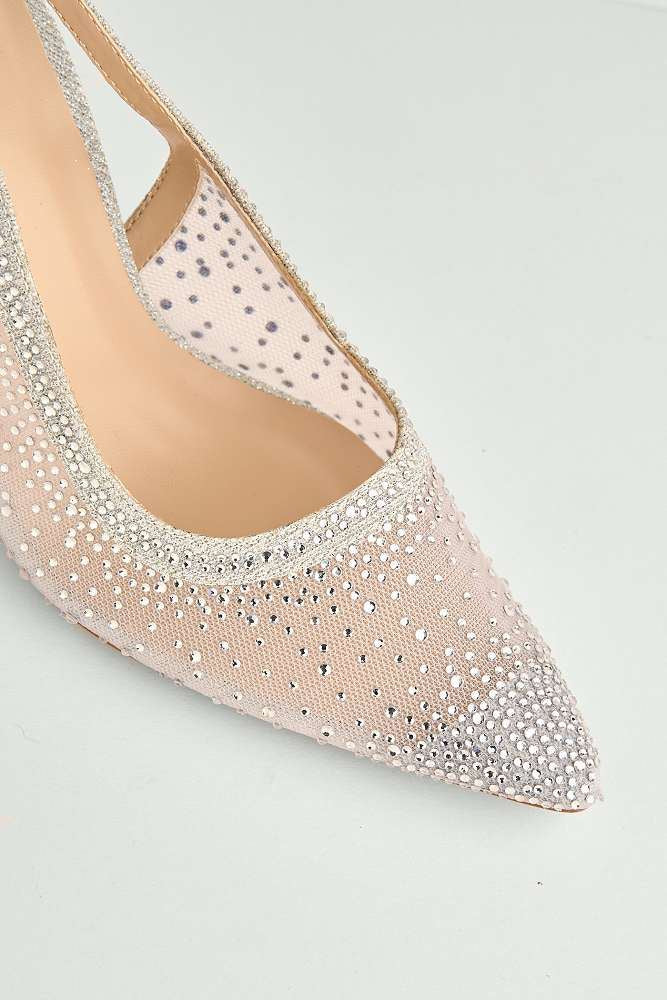 Aramina Gemstone Embellished Mesh Slingback Court Shoes in Silver