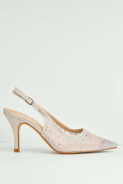 Aramina Gemstone Embellished Mesh Slingback Court Shoes in Silver