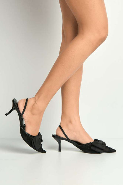 Seren Embellished Mesh and Bow Slingback Court Shoes in Black