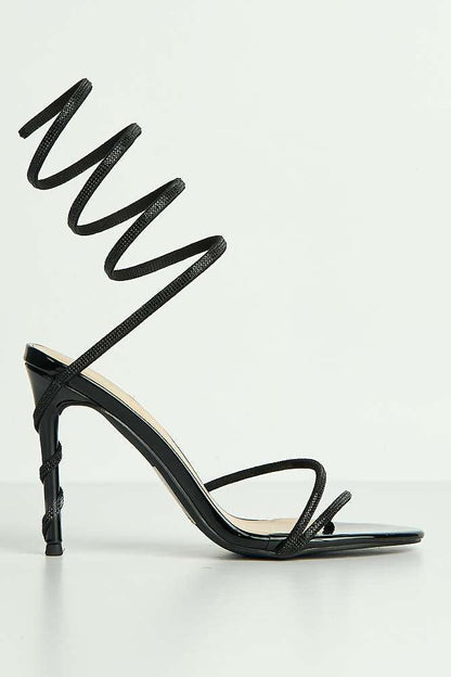 Curly Diamante Embellished Spiral Ankle Strap Sandals in Black Diamante