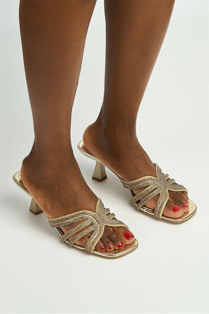 Blythe Diamante Strap Band Heeled Mules in Gold
