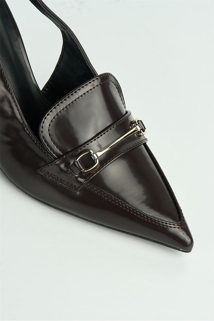 Anastasia Horsebit Detail Pointed Toe Anklestrap Court Shoes in Brown