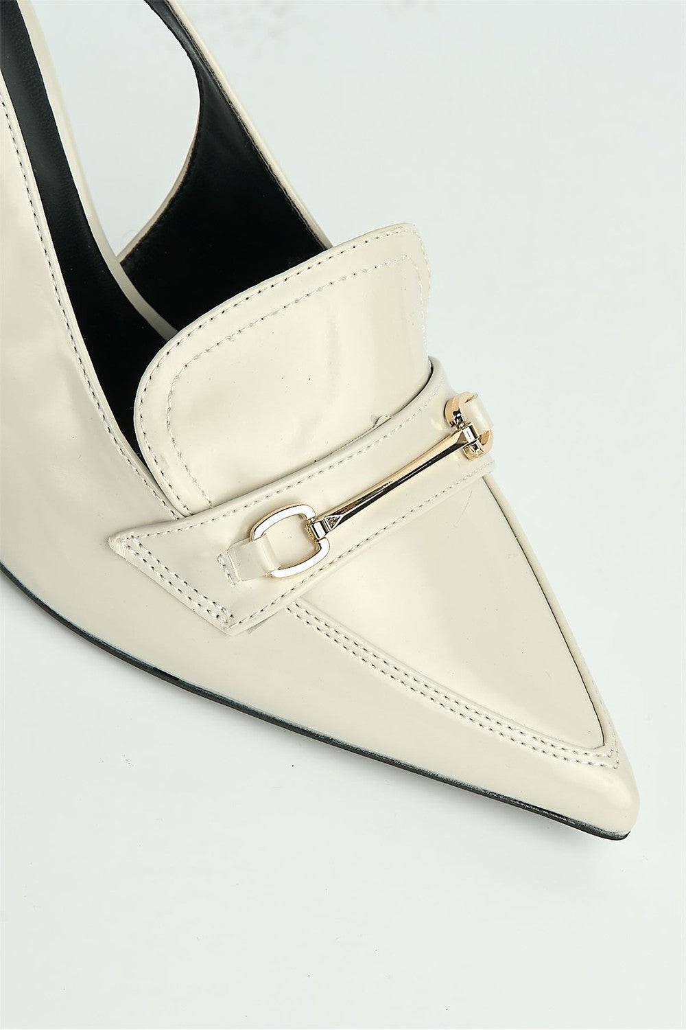 Anastasia Horsebit Detail Pointed Toe Anklestrap Court Shoes in Stone