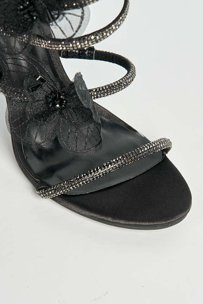 Loreli Flower Detail Diamante Heeled Sandals in Black
