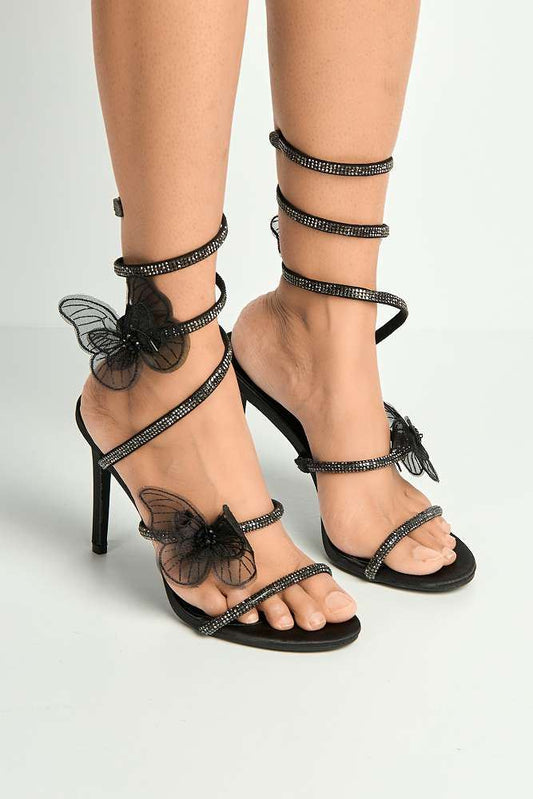 Loreli Flower Detail Diamante Heeled Sandals in Black