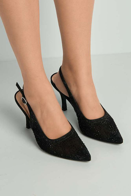 Aramina Gemstone Embellished Mesh Slingback Court Shoes in Black