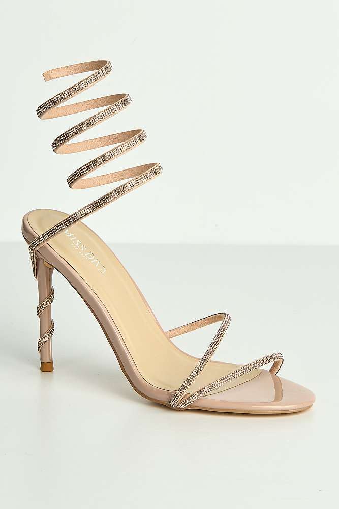 Curly Diamante Embellished Spiral Ankle Strap Sandals in Nude