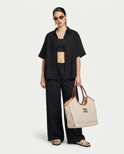 Womens Resort Linen Wide Leg Trouser